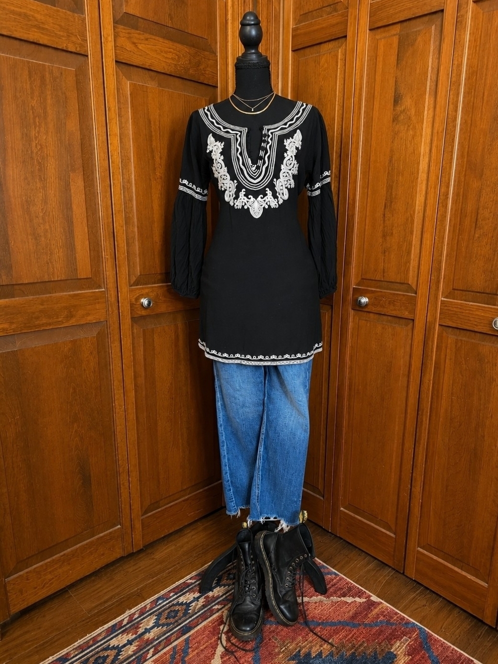 Forever 21 Black Tunic Top with White Embroidery